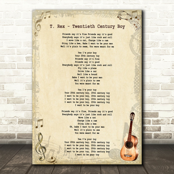 T. Rex Twentieth Century Boy Vintage Guitar Song Lyric Art Print