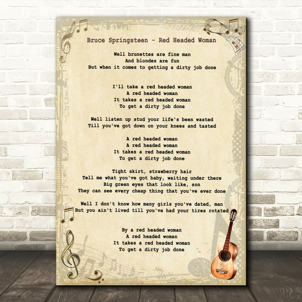 Bruce Springsteen Red Headed Woman Vintage Guitar Song Lyric Art Print