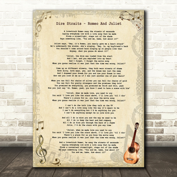 Dire Straits Romeo And Juliet Vintage Guitar Song Lyric Art Print