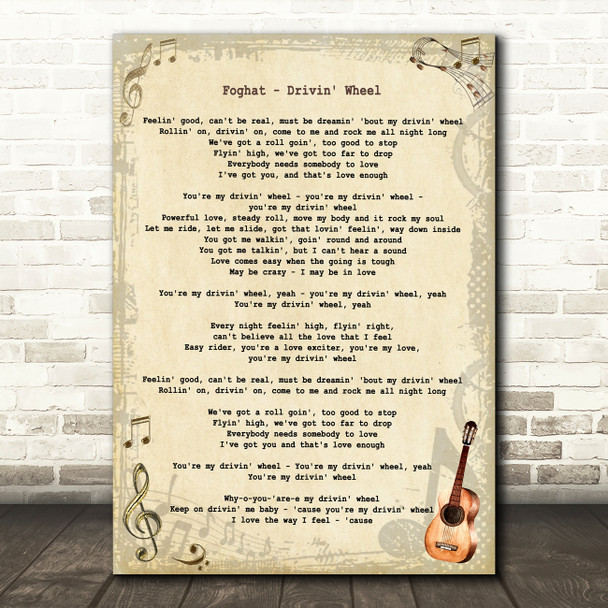 Foghat Drivin' Wheel Vintage Guitar Song Lyric Art Print