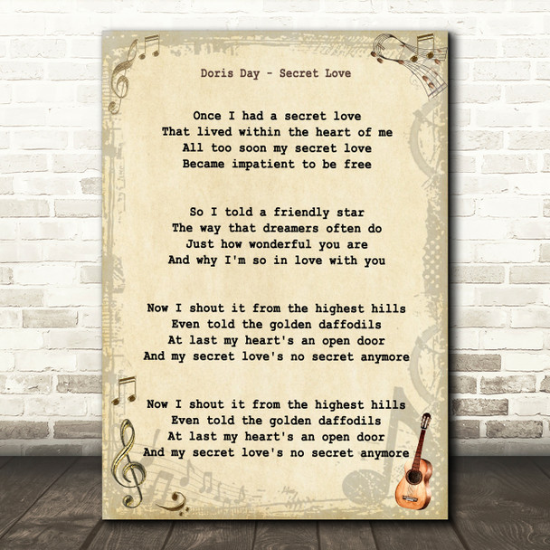 Doris Day Secret Love Vintage Guitar Song Lyric Art Print