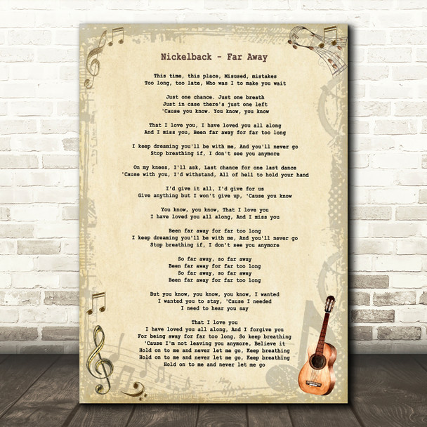 Nickelback Far Away Vintage Guitar Song Lyric Art Print