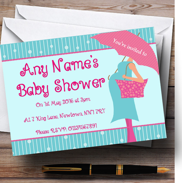 Pregnant Lady And Umbrella Personalized Baby Shower Invitations