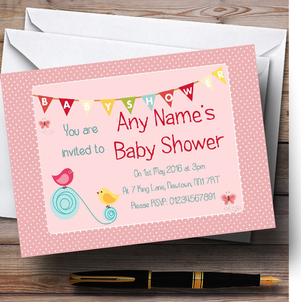 Sweet Birds Pink Girl Personalized Baby Shower Invitations