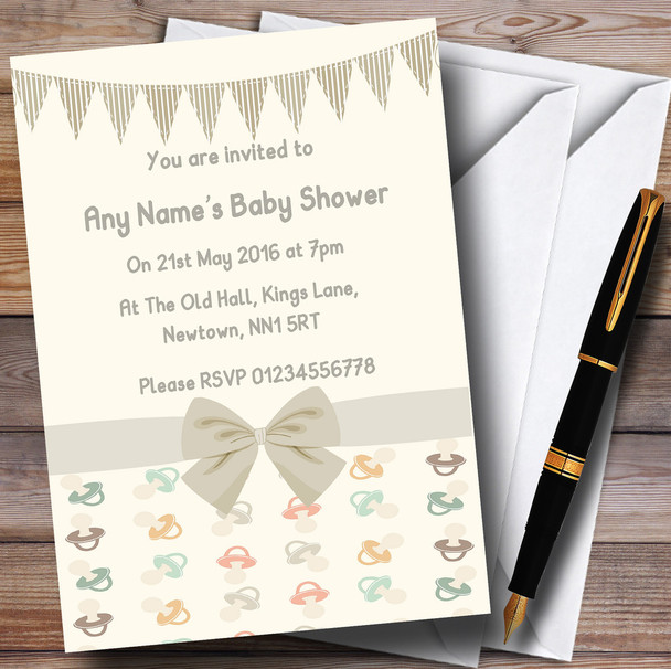 Cream Dummies And Bunting Baby Shower Party Personalized Invitations