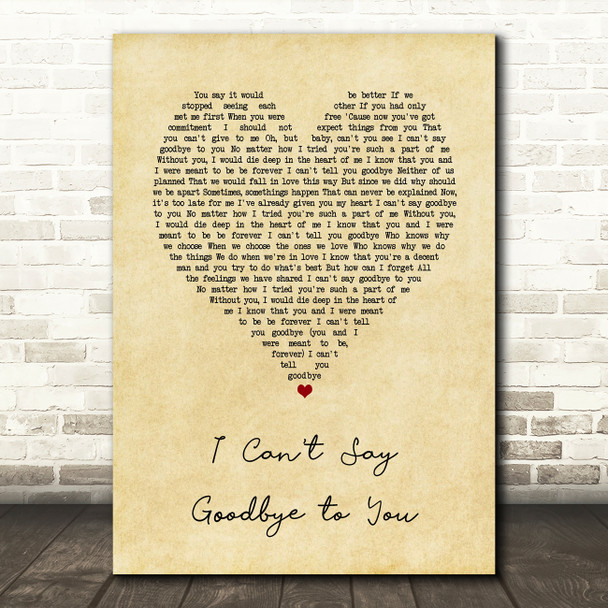 Helen Reddy I Can't Say Goodbye to You Vintage Heart Song Lyric Art Print