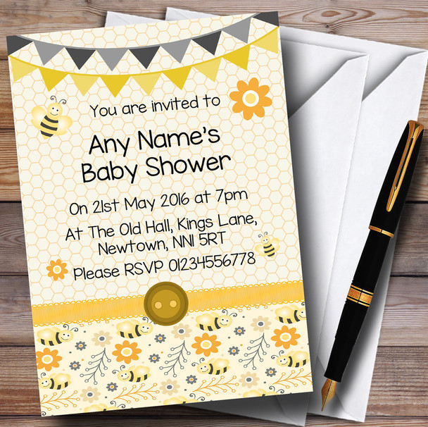 Yellow And Black Cute Bumble Bee Honeycomb Baby Shower Party Personalized Invitations