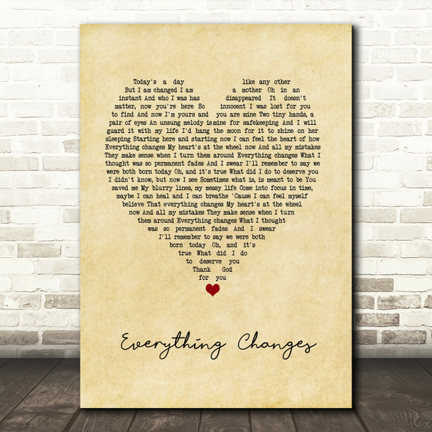 Sara Bareilles Everything Changes Vintage Heart Song Lyric Art Print