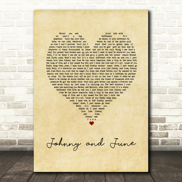 Jelly Roll Johnny and June Vintage Heart Song Lyric Art Print