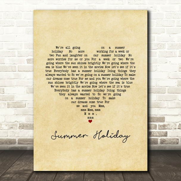 Cliff Richard Summer Holiday Vintage Heart Song Lyric Art Print