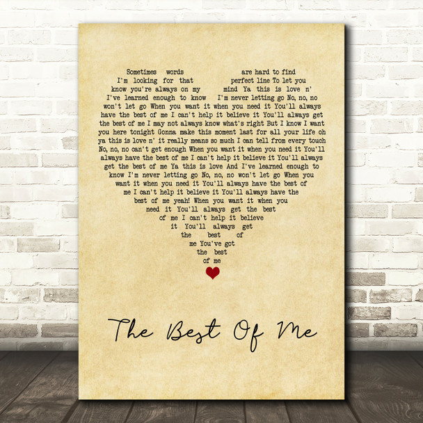 Bryan Adams The Best Of Me Vintage Heart Song Lyric Art Print