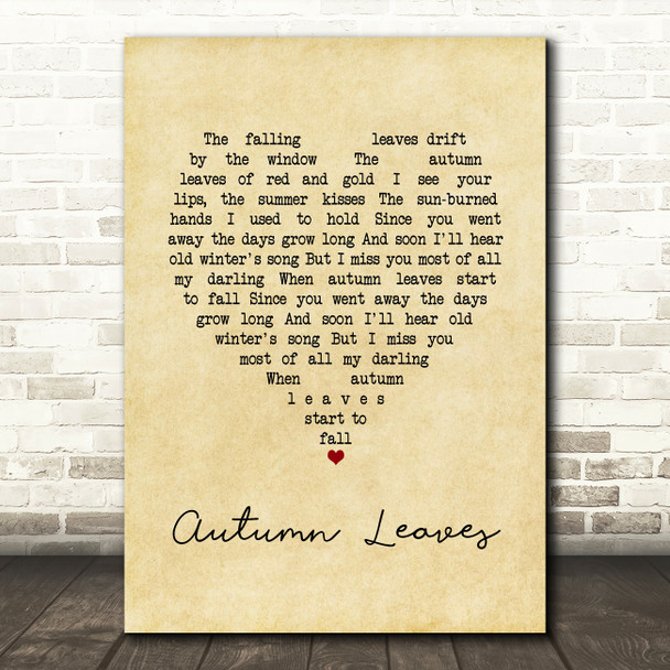 Nat King Cole Autumn Leaves Vintage Heart Song Lyric Art Print