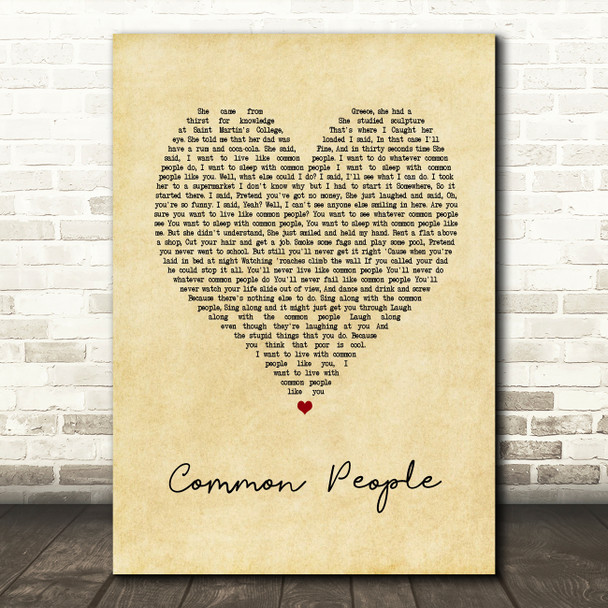 Pulp Common People Vintage Heart Song Lyric Art Print