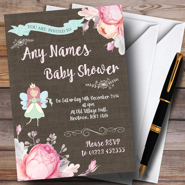 Pretty Floral Burlap Fairy Invitations Baby Shower Invitations