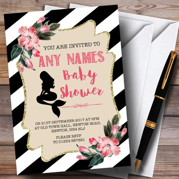 Black & White Floral Mermaid Invitations Baby Shower Invitations