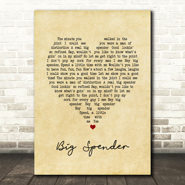 Shirley Bassey Big Spender Vintage Heart Song Lyric Art Print