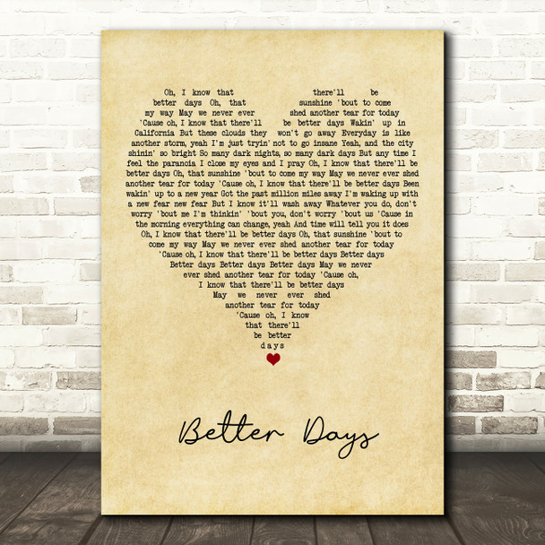 OneRepublic Better Days Vintage Heart Song Lyric Art Print