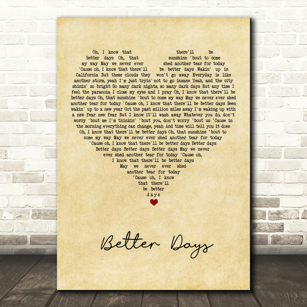 OneRepublic Better Days Vintage Heart Song Lyric Art Print