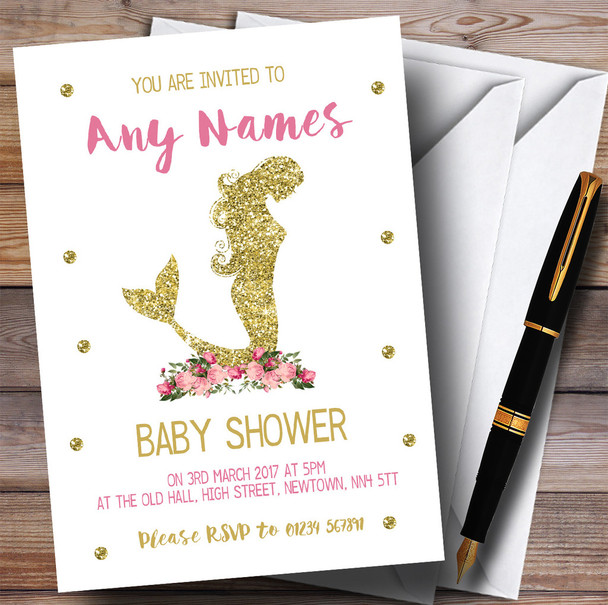 Pretty Pink Floral Mermaid Invitations Baby Shower Invitations