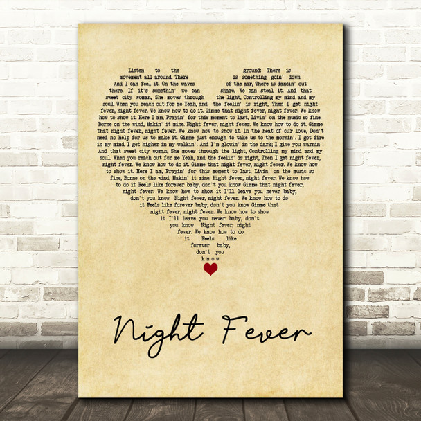 Bee Gees Night Fever Vintage Heart Song Lyric Art Print