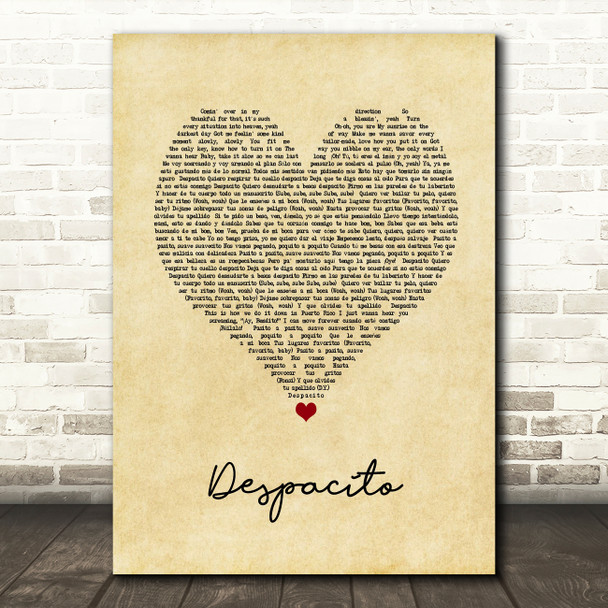Luis Fonsi & Daddy Yankee Despacito Vintage Heart Song Lyric Art Print
