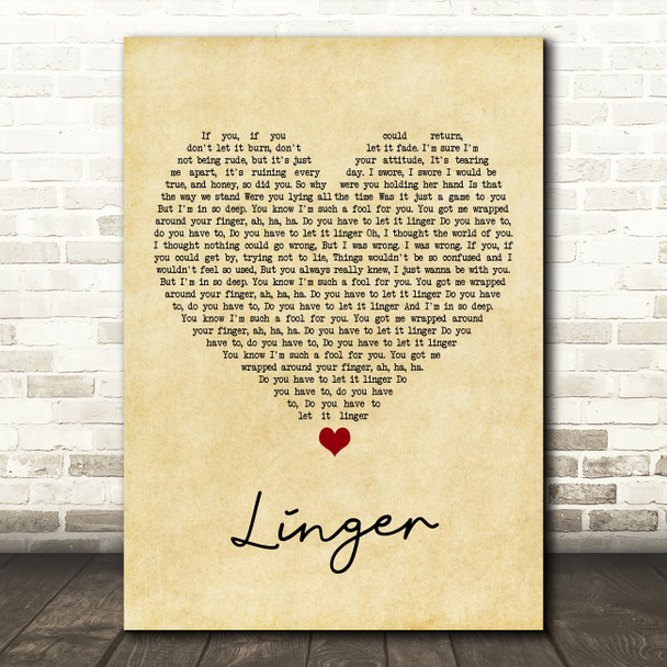 The Cranberries Linger Vintage Heart Song Lyric Art Print