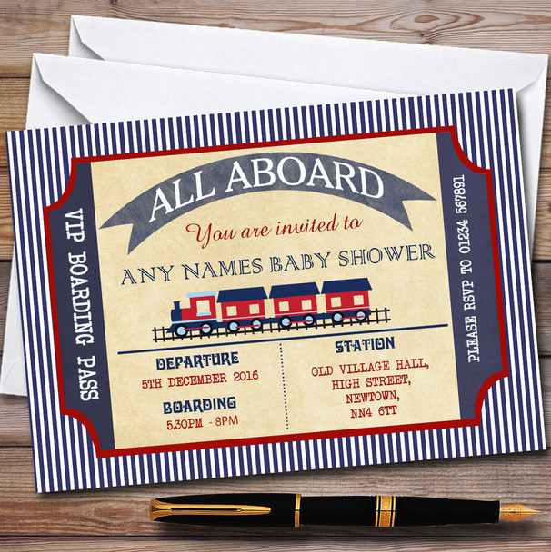 Blue & Red Boarding Pass Train Invitations Baby Shower Invitations