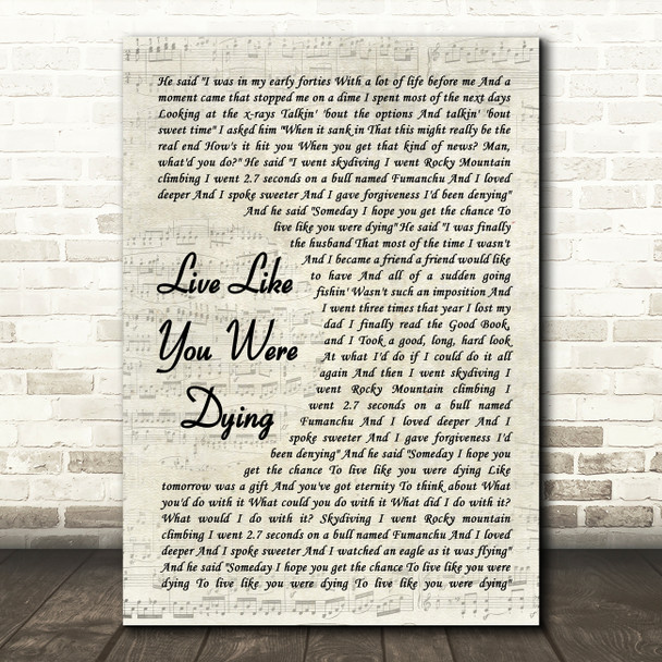 Tim McGraw Live Like You Were Dying Vintage Script Song Lyric Art Print
