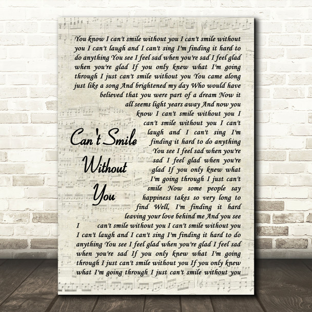 Carpenters Can't Smile Without You Vintage Script Song Lyric Art Print
