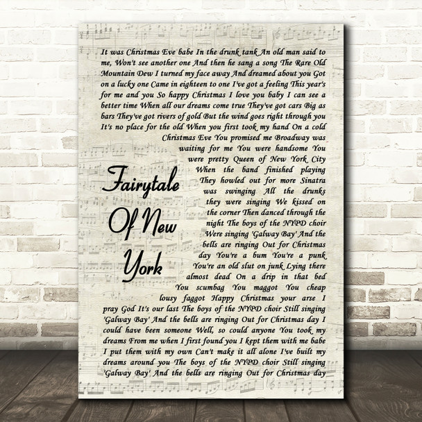 The Pogues Fairytale Of New York Vintage Script Song Lyric Art Print