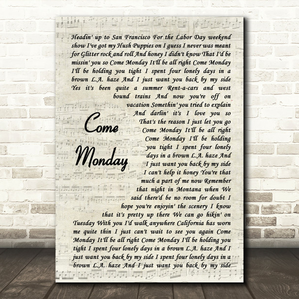 Jimmy Buffett Come Monday Vintage Script Song Lyric Art Print