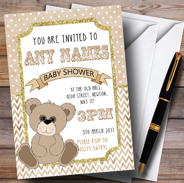 Teddy Bear Glitter Gold Invitations Baby Shower Invitations