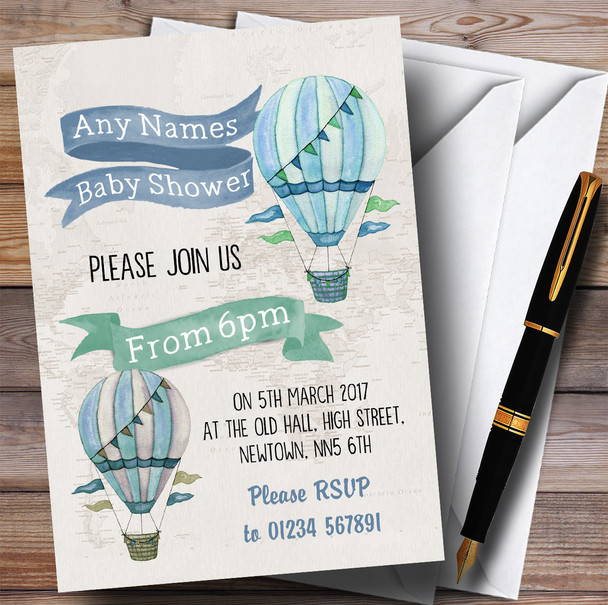 Vintage Watercolour Boys Hot Hair Balloon Invitations Baby Shower Invitations