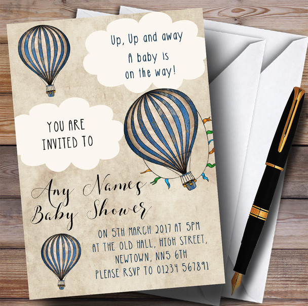 Boys Vintage Blue Hot Air Balloon Invitations Baby Shower Invitations