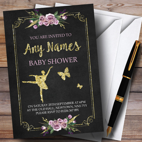 Chalk & Gold Floral Ballerina Ballet Invitations Baby Shower Invitations