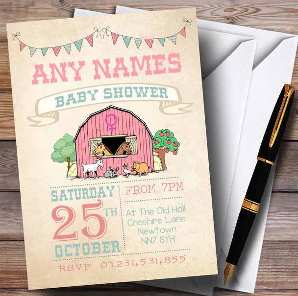 Girls Farm Animals Invitations Baby Shower Invitations