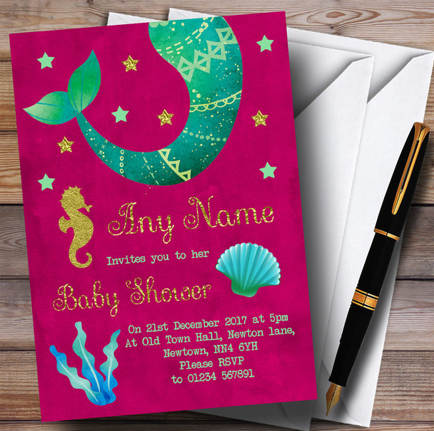 Gold & Pink Mermaid Invitations Baby Shower Invitations