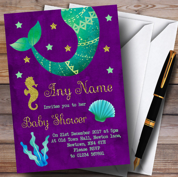 Gold & Purple Mermaid Invitations Baby Shower Invitations