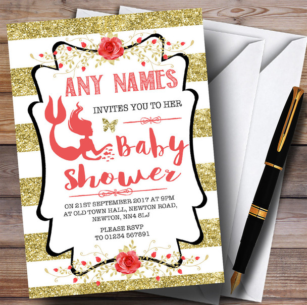 Gold Stripes Mermaid Invitations Baby Shower Invitations