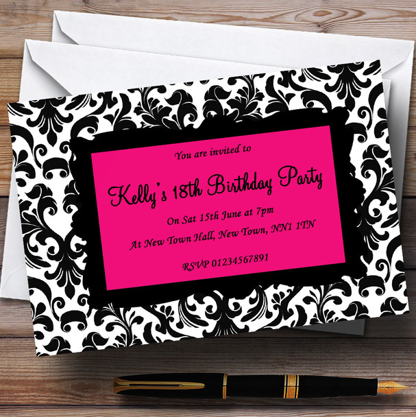 Pink, Black & White Damask Personalized Party Invitations