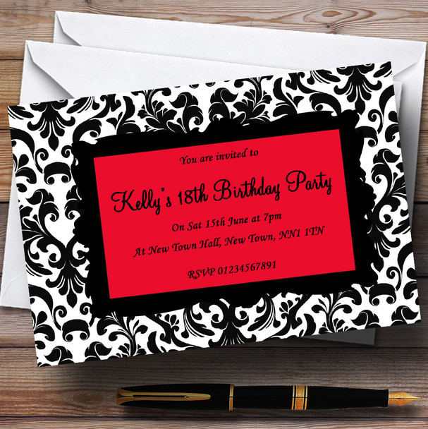 Black & Red Damask Personalized Party Invitations