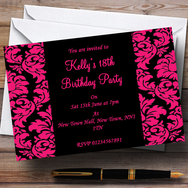 Stunning Floral Black Pink Damask Personalized Party Invitations