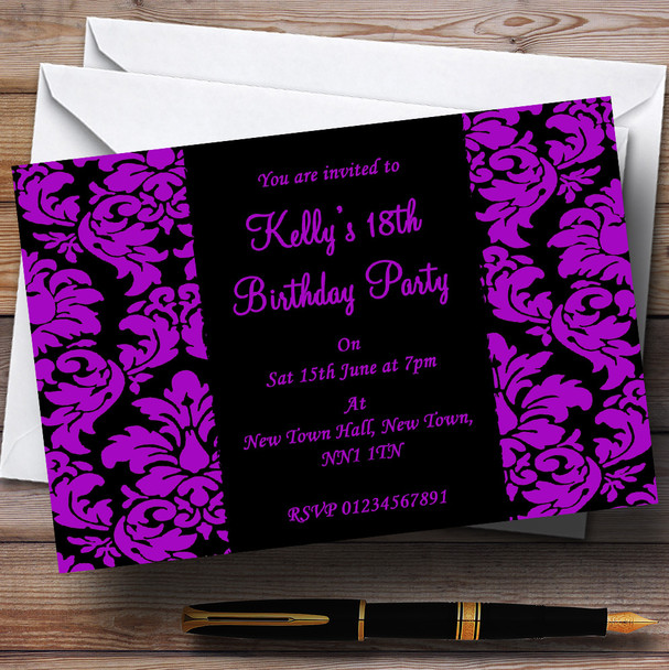 Floral Black & Purple Damask Personalized Party Invitations