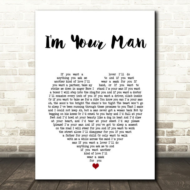Leonard Cohen I'm Your Man White Heart Song Lyric Art Print