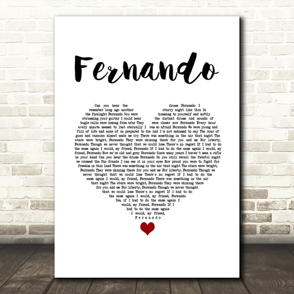 ABBA Fernando White Heart Song Lyric Art Print