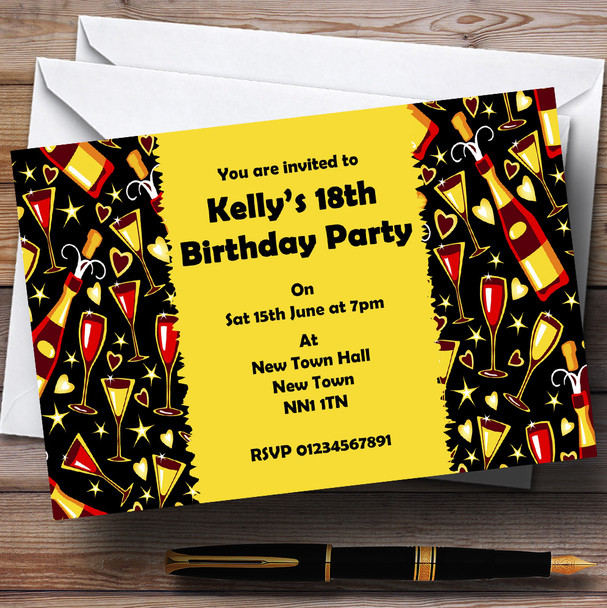 Black Yellow Champagne Glasses Personalized Party Invitations
