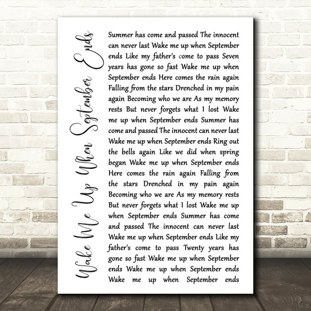 Green Day Wake Me Up When September Ends White Script Song Lyric Art Print