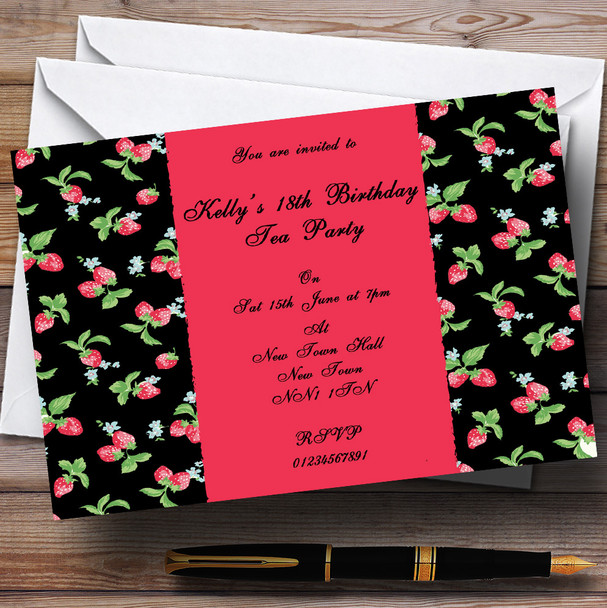 Strawberry Black Vintage Tea Personalized Party Invitations