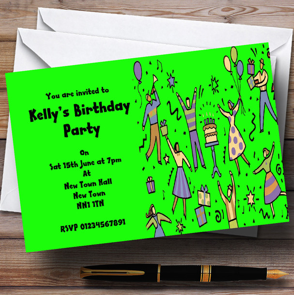 Lime Green Dancing People Personalized Party Invitations