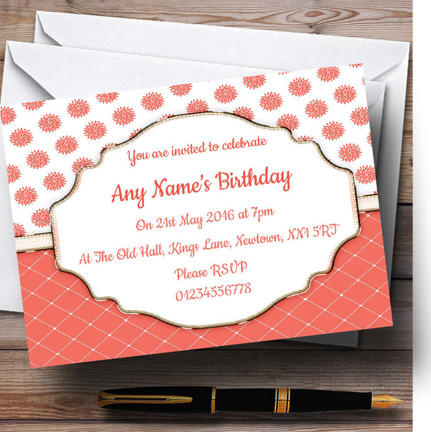 Coral And White Flowers Quilt Personalized Birthday Party Invitations